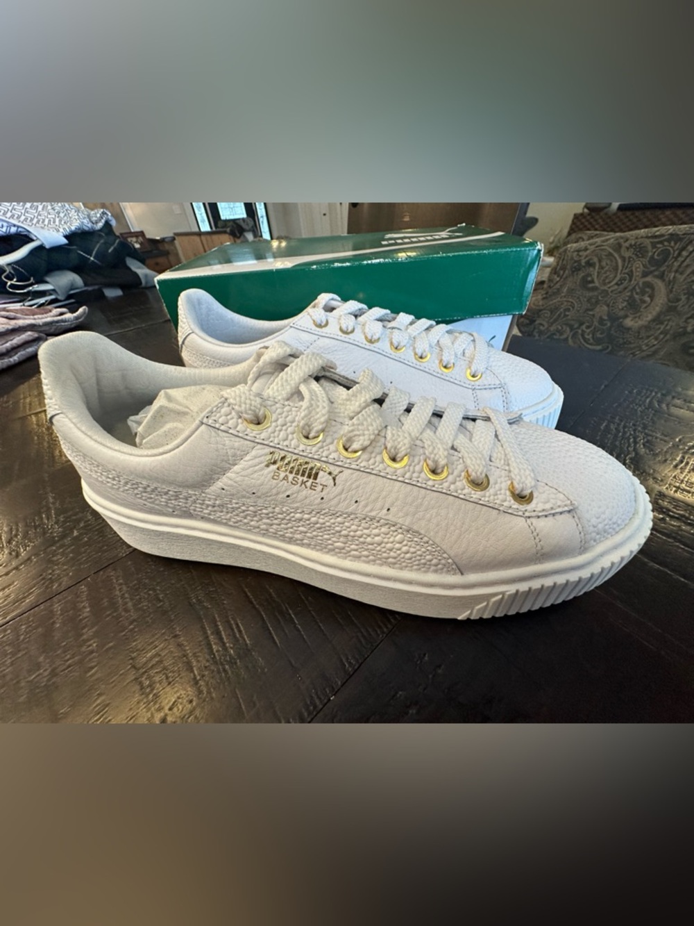 Puma White Leather Sneakers with Gold Accents